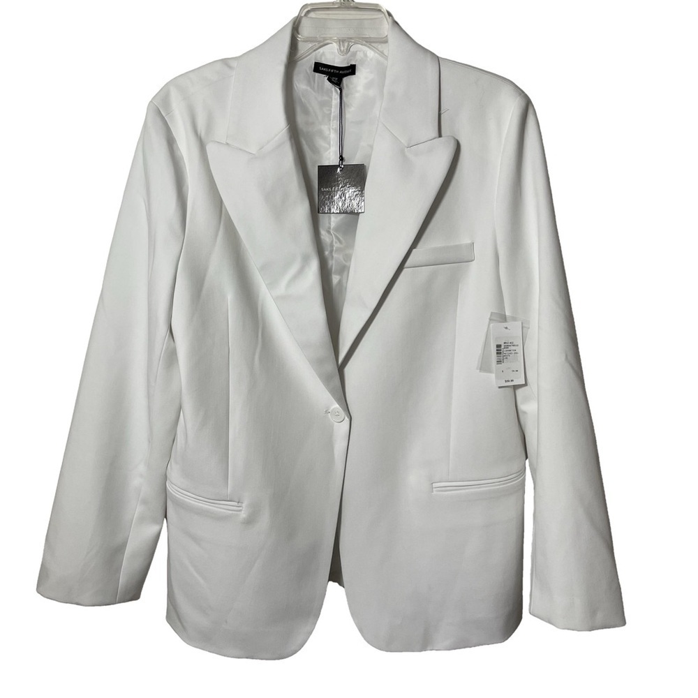 NWT Saks Fifth Avenue White Single Button Blazer Notched Collar Fully Lined L